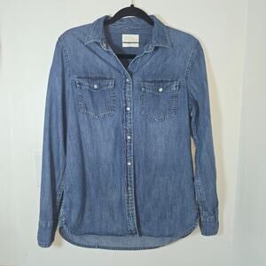 J. Crew Denim WesternShirt Size 6 Tall Slim Fit Pearl Snap Chambray Blue Cowgirl